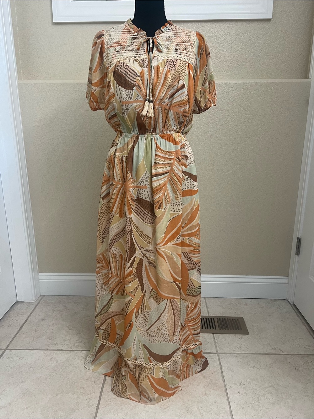 Daniel Rainn Maxi Dress in Tan and Orange Leaf Print